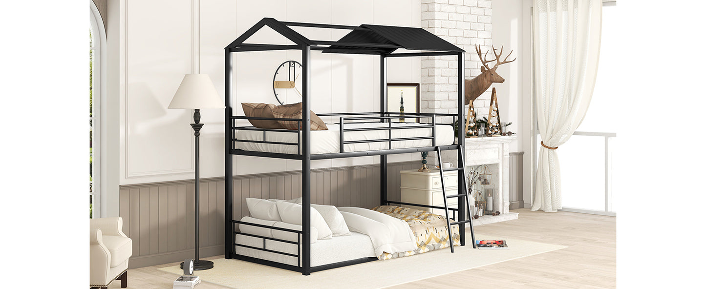 Twin Over Twin Bunk Bed Metal Bed with Half Roof, Guardrail and Ladder Black