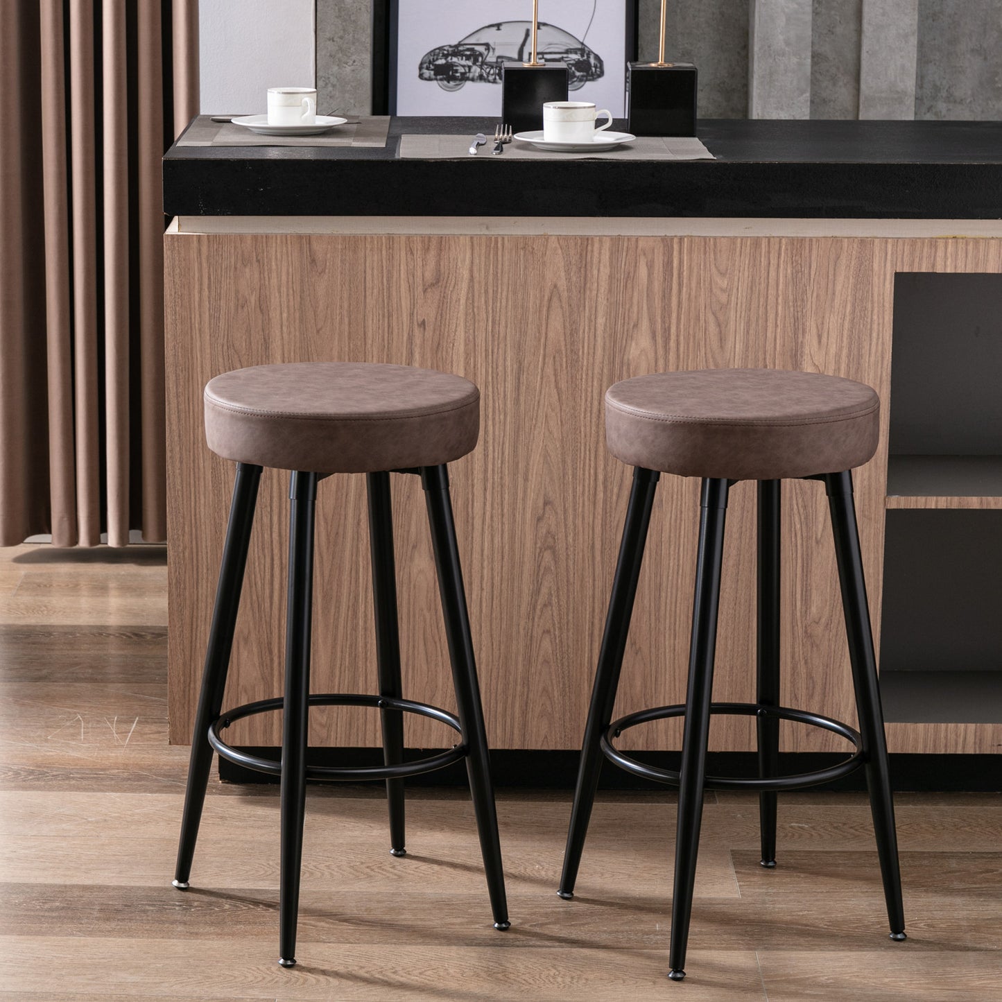 A&A Furniture,Metal Bar Stools,  Round Kitchen Counter Stools, Industrial Round Barstool, Bar Chairs, 28 Inch for Counter Pub Height Set of 2 (Brown)