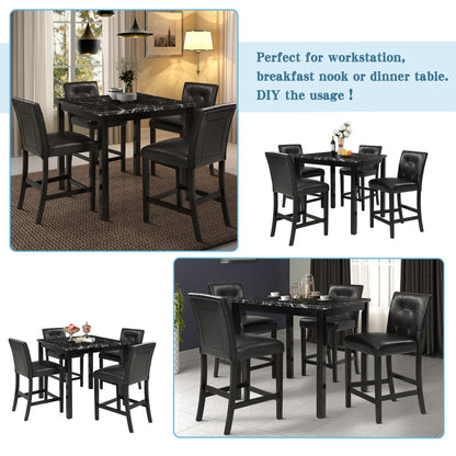 TOPMAX 5-Piece Kitchen Table Set Faux Marble Top Counter Height Dining Table Set with 4 PU Leather-Upholstered Chairs (Black)