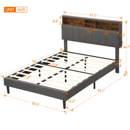 Full size Upholstered Platform Bed with Storage Headboard and USB Port,  Linen Fabric Upholstered Bed (Gray)