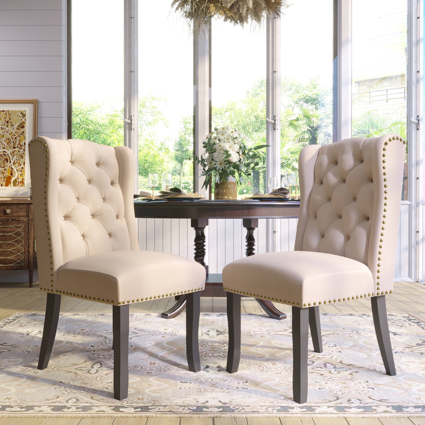 TREXM Cotton Fabric Dining Chairs Set of 2, Upholstered Dining Room Chairs with Solid Wood Legs, Wingback and Button Tufting (Beige)