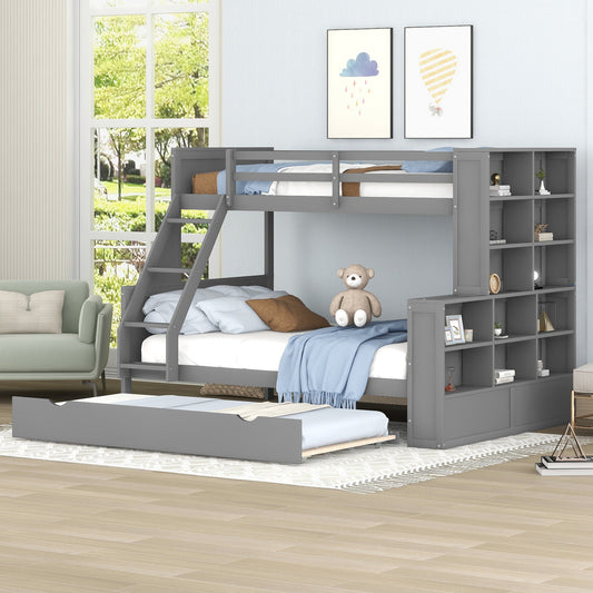 Twin over Full Bunk Bed with Trundle and Shelves, can be Separated into Three Separate Platform Beds, Gray