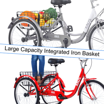 Adult Tricycle Trikes,3-Wheel Bikes,24 Inch Wheels 7 Speed Cruiser Bicycles with Large Shopping Basket for Women and Men