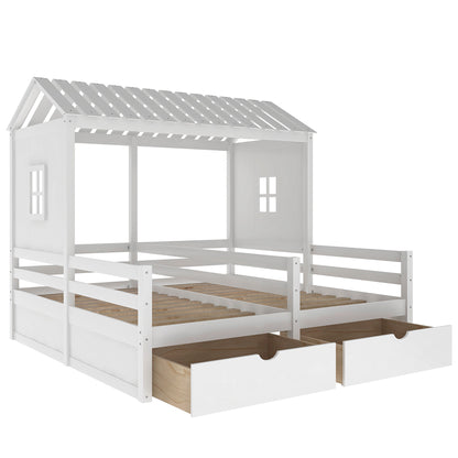 Twin Size House Platform Beds with Two Drawers for Boy and Girl Shared Beds, Combination of 2 Side by Side Twin Size Beds, White