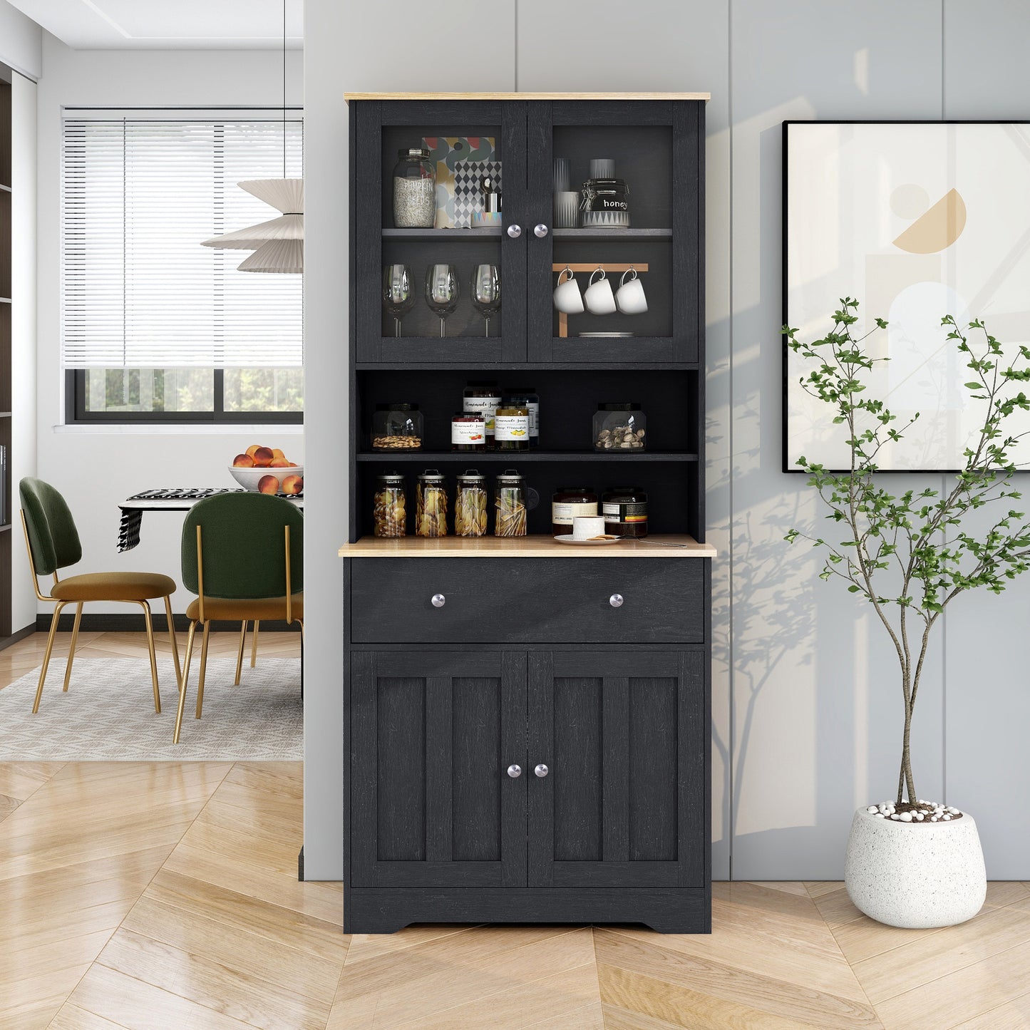 TREXM 70.9" Multifunctional Pantry Cabinet MDF Storage Cabinet with Glass Doors, A Large Drawer and Adjustable Shelves (Black)