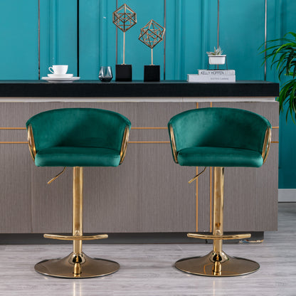 Set of 2  Bar Stools,with Chrome Footrest and Base Swivel Height Adjustable Mechanical Lifting Velvet + Golden Leg Simple Bar Stool-Green