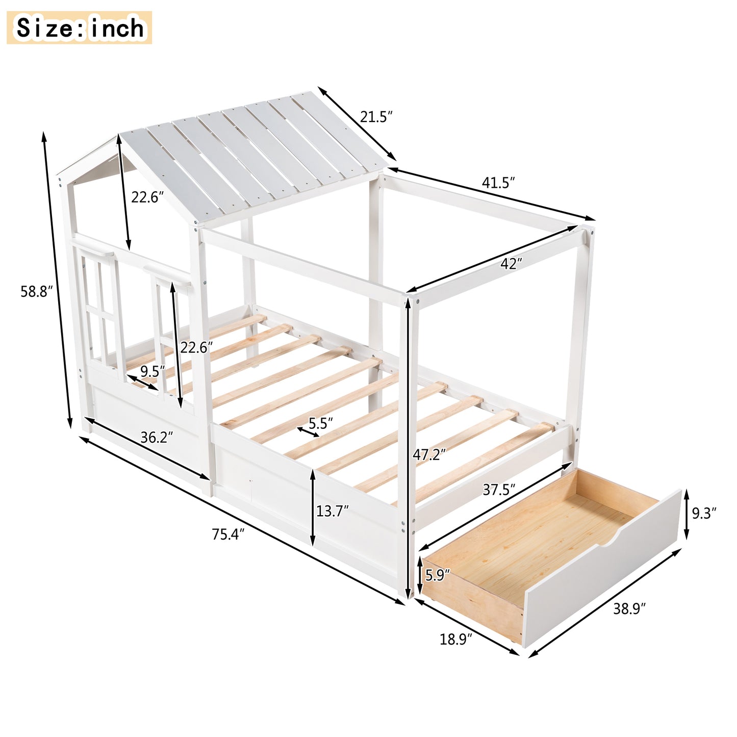 Twin Size House Bed with Roof, Window and Drawer - White