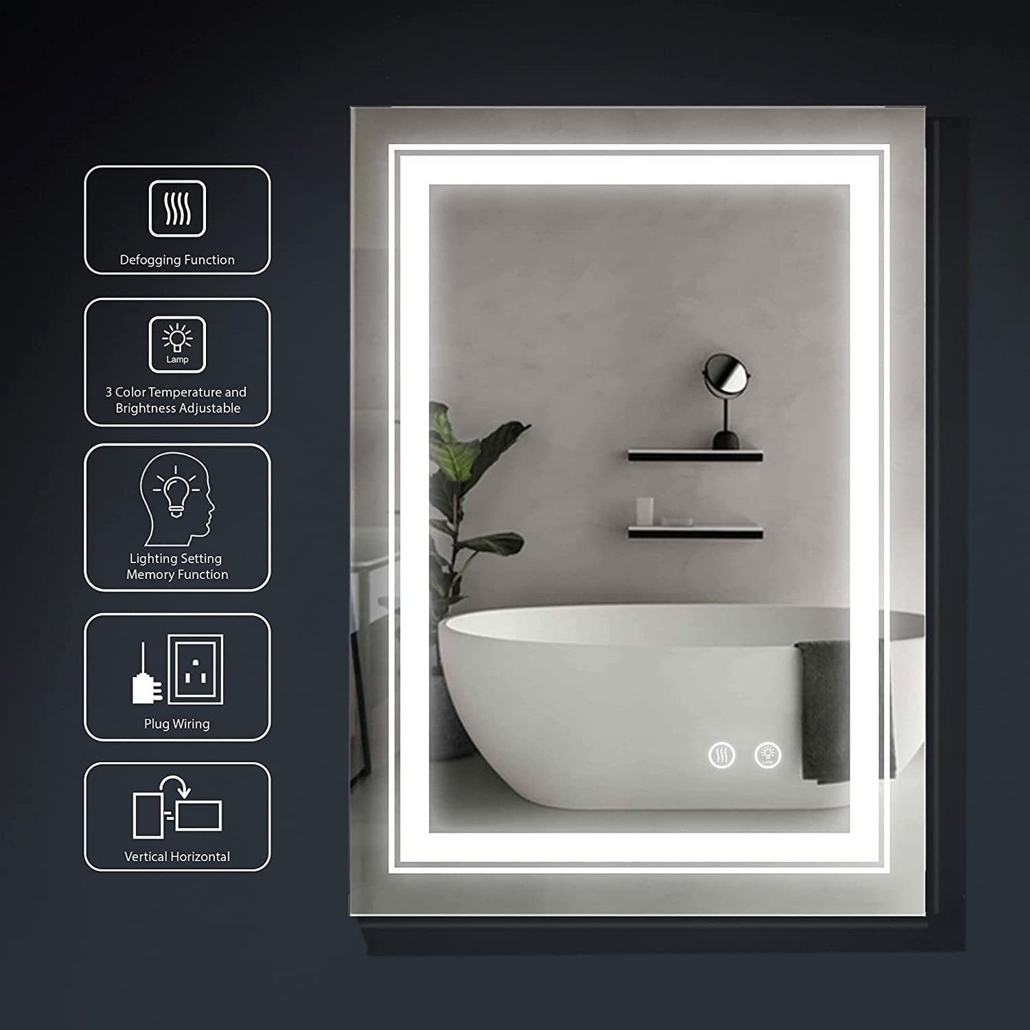 32*24 LED Lighted Bathroom Wall Mounted Mirror with High Lumen+Anti-Fog Separately Control+Dimmer Function