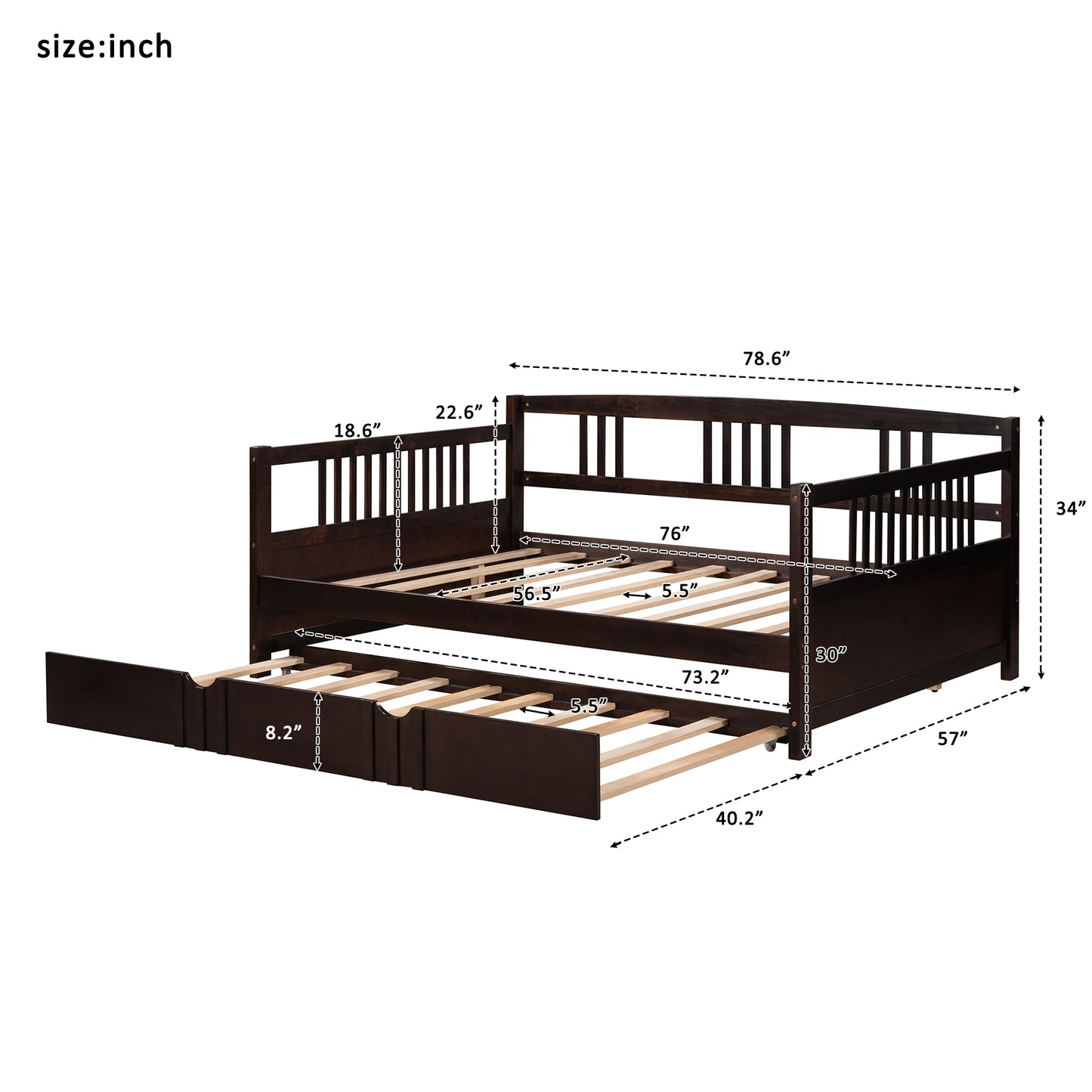 Full Size Daybed Wood Bed with Twin Size Trundle,Espresso