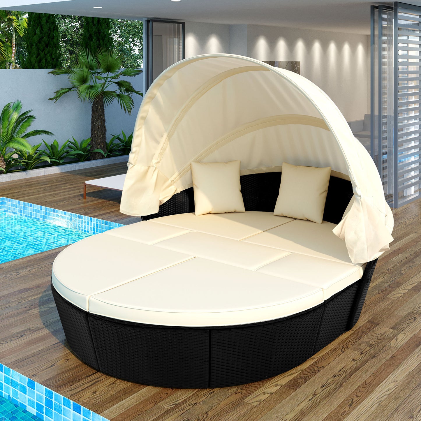 Outdoor rattan daybed sunbed with Retractable Canopy Wicker Furniture, Round Outdoor Sectional Sofa Set, black Wicker Furniture Clamshell  Seating with Washable Cushions, Backyard, Porch, Beige.