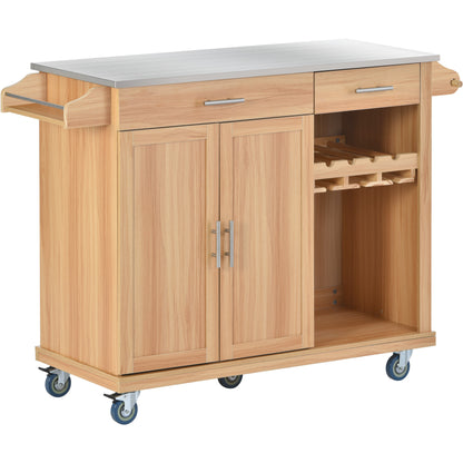 K&K Kitchen Cart with Stainless Steel Top and Storage Cabinet, Kitchen Island on Wheels with Two Drawers & Goblet Holder & Wine Rack & Spice Rack & Towel Holder, L51xW18xH37 Inches