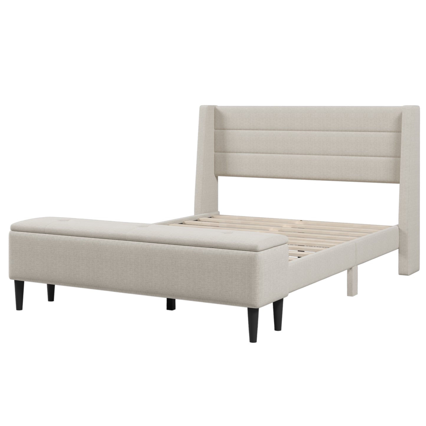 Upholstered Storage Bed Frame with Storage Ottoman Bench, No Box Spring Needed, Queen, Beige