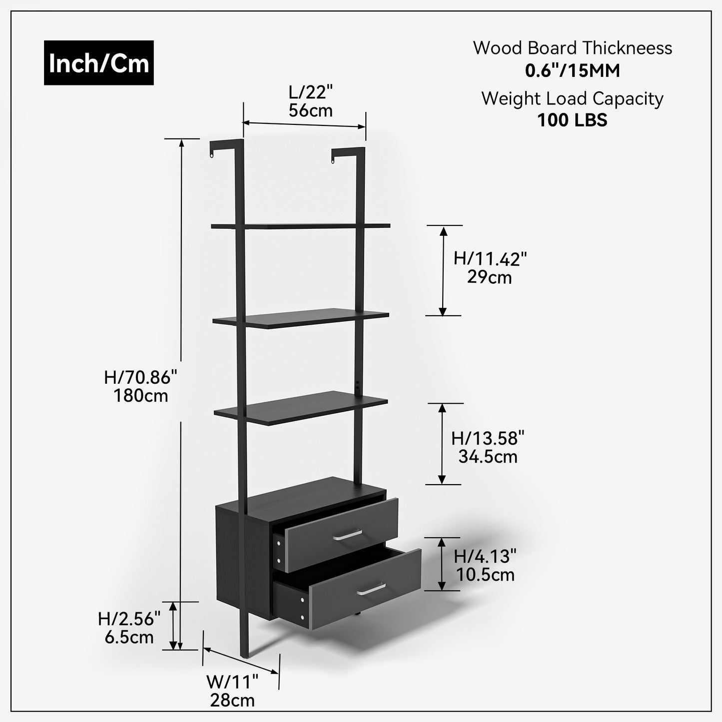Vertical open space shelf with 2 drawers, Ladder bookcase,Modern storage rack shelves, office bookshelf(black+gray),provides storage for artwork, decorative figurines, and potted plants