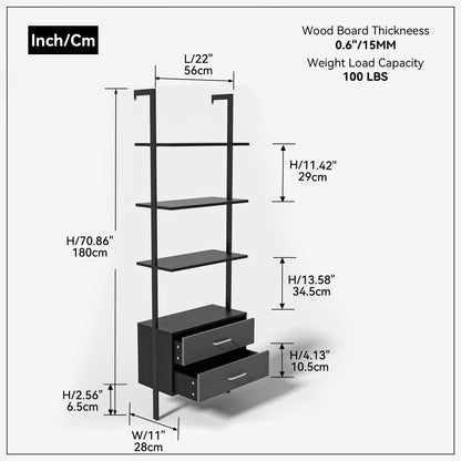 Vertical open space shelf with 2 drawers, Ladder bookcase,Modern storage rack shelves, office bookshelf(black+gray),provides storage for artwork, decorative figurines, and potted plants