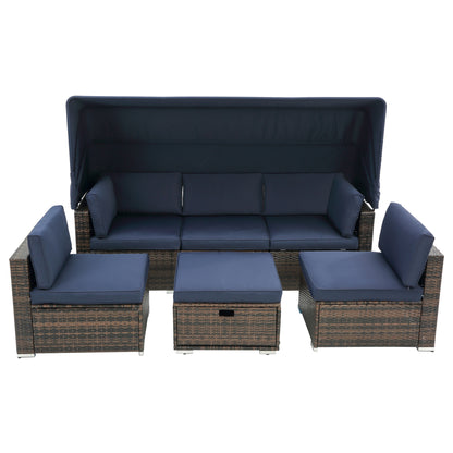 7Pcs Outdoor Garden Patio Furniture  PE Rattan Wicker  Sectional Cushioned Sofa Sets with 2 Pillows and Coffee Table with roof