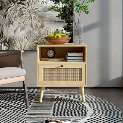 Rattan Nightstand, Wooden Bedside Table End Table for Living Room and Bedroom