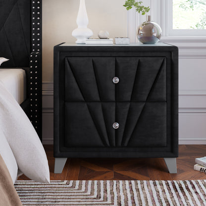 Contemporary Velvet Upholstered Glass Top Nightstand End table with Two Drawers Gray Solid Wood,Black