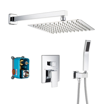 Rainfall 10 inch Shower System Bathroom Luxury Rain Mixer Silver Shower Combo Set Wall Mounted Shower Head Systems with High Pressure Head Hand Held Square Shower Head Polished Chrome Rough-in Valve