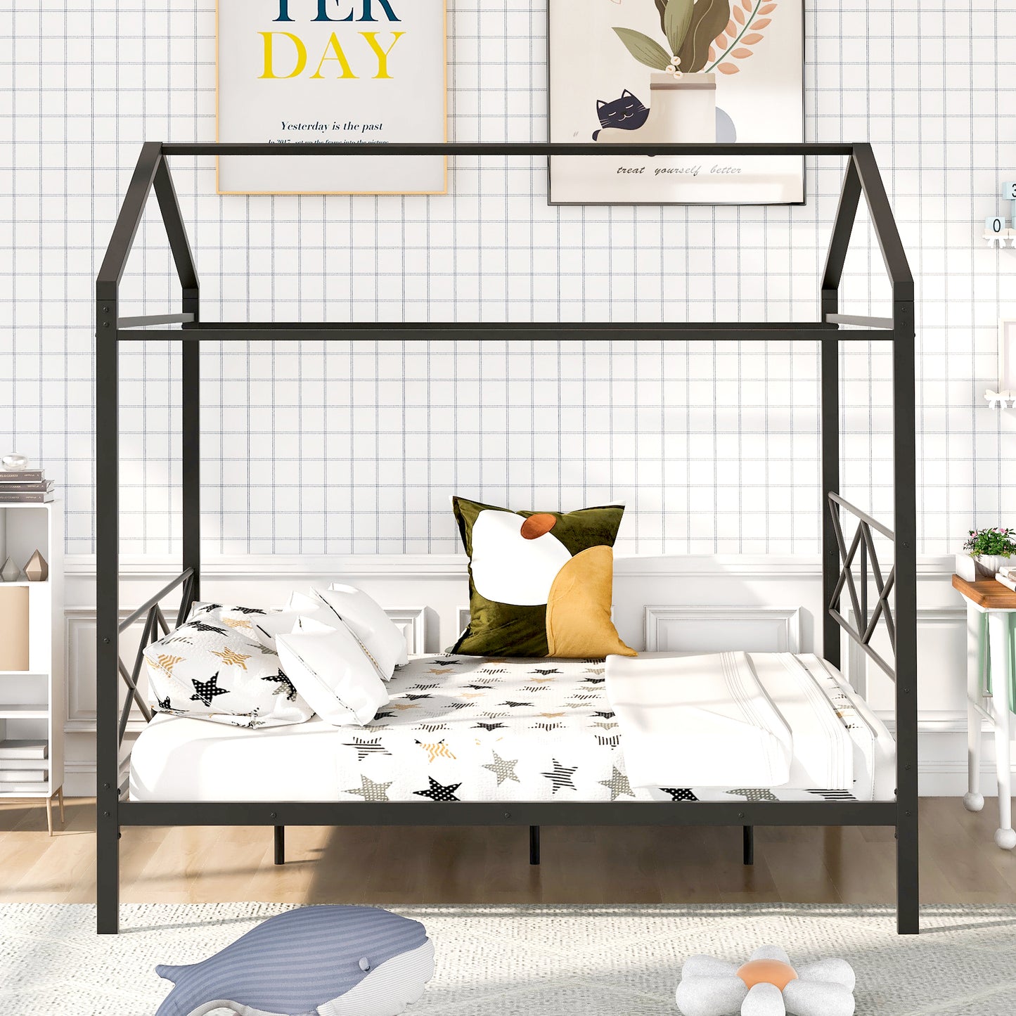 Queen Size Metal House Shape Platform Bed,Black