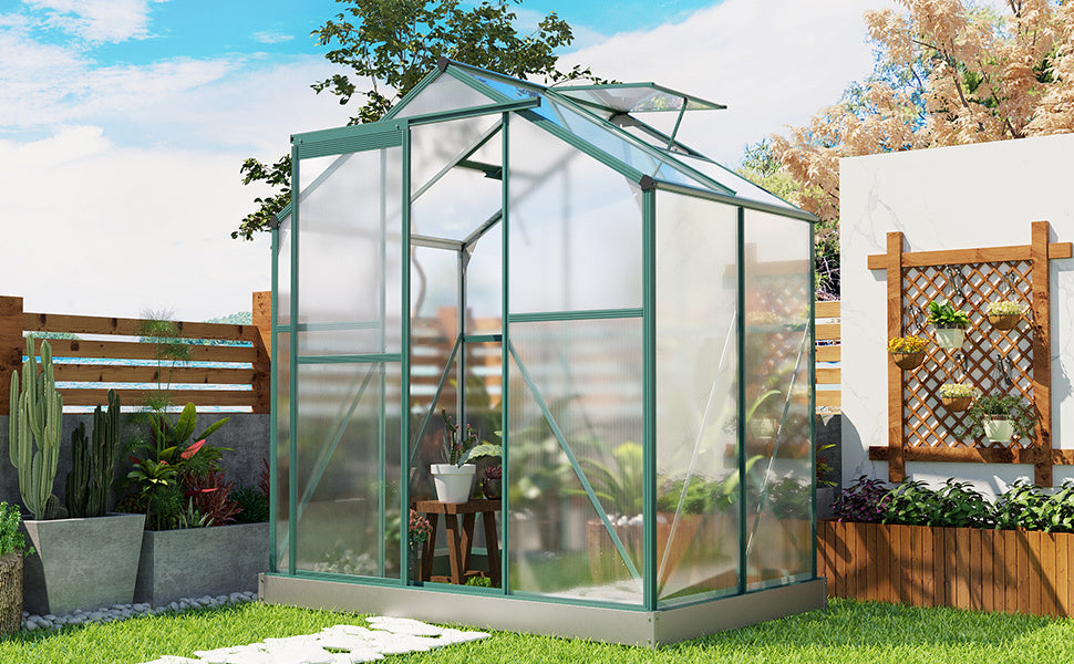 TOPMAX Upgraded Outdoor Patio 6.2ft Wx4.3ft D Greenhouse, Walk-in Polycarbonate Greenhouse with 2 Windows and Base,Aluminum Hobby Greenhouse with Sliding Door for Garden, Backyard, Green