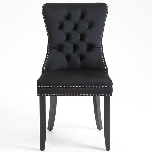 Upholstered Button Tufted Back Black Velvet Dining Chair with Nailhead Trim and Solid Wood Legs 2 Sets