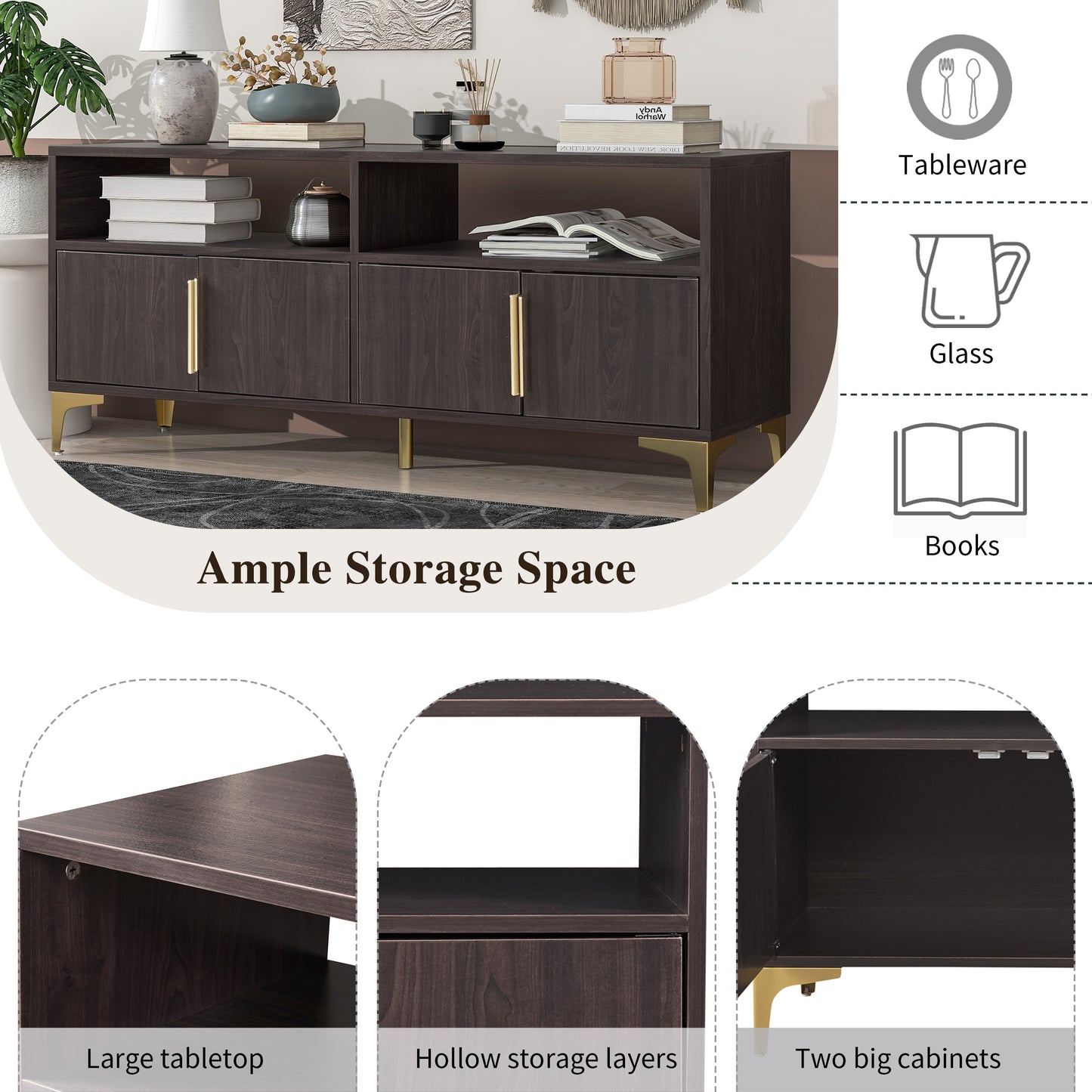 TREXM 58” L Sideboard with Gold Metal Legs and Handles Sufficient Storage Space Magnetic Suction Doors (Espresso)