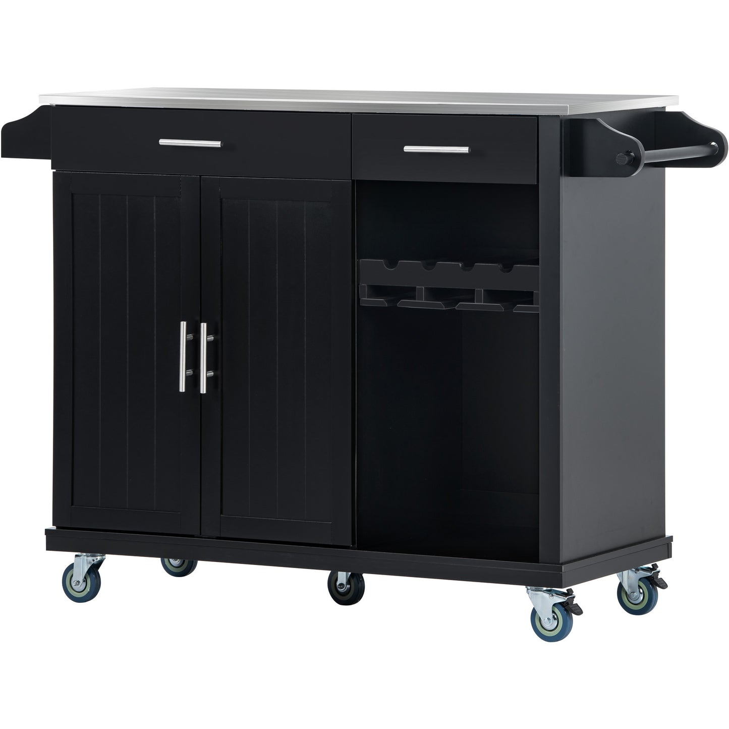 K&K Kitchen Cart with Stainless Steel Top and Storage Cabinet, Kitchen Island on Wheels with Two Drawers & Goblet Holder & Wine Rack & Spice Rack & Towel Holder, L51xW18xH37 Inches