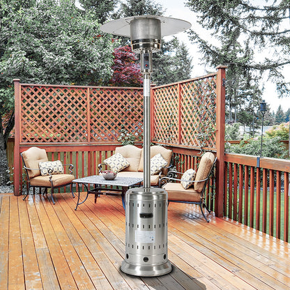 46000BTU Propane Stainless Steel Mushroom Outdoor Patio Heater with Hollow Pattern on Tank housing, with Two Smooth-rolling Wheels,with Hose Set,with Black Cover,Pole in Two Pieces(Upper and Bottom)