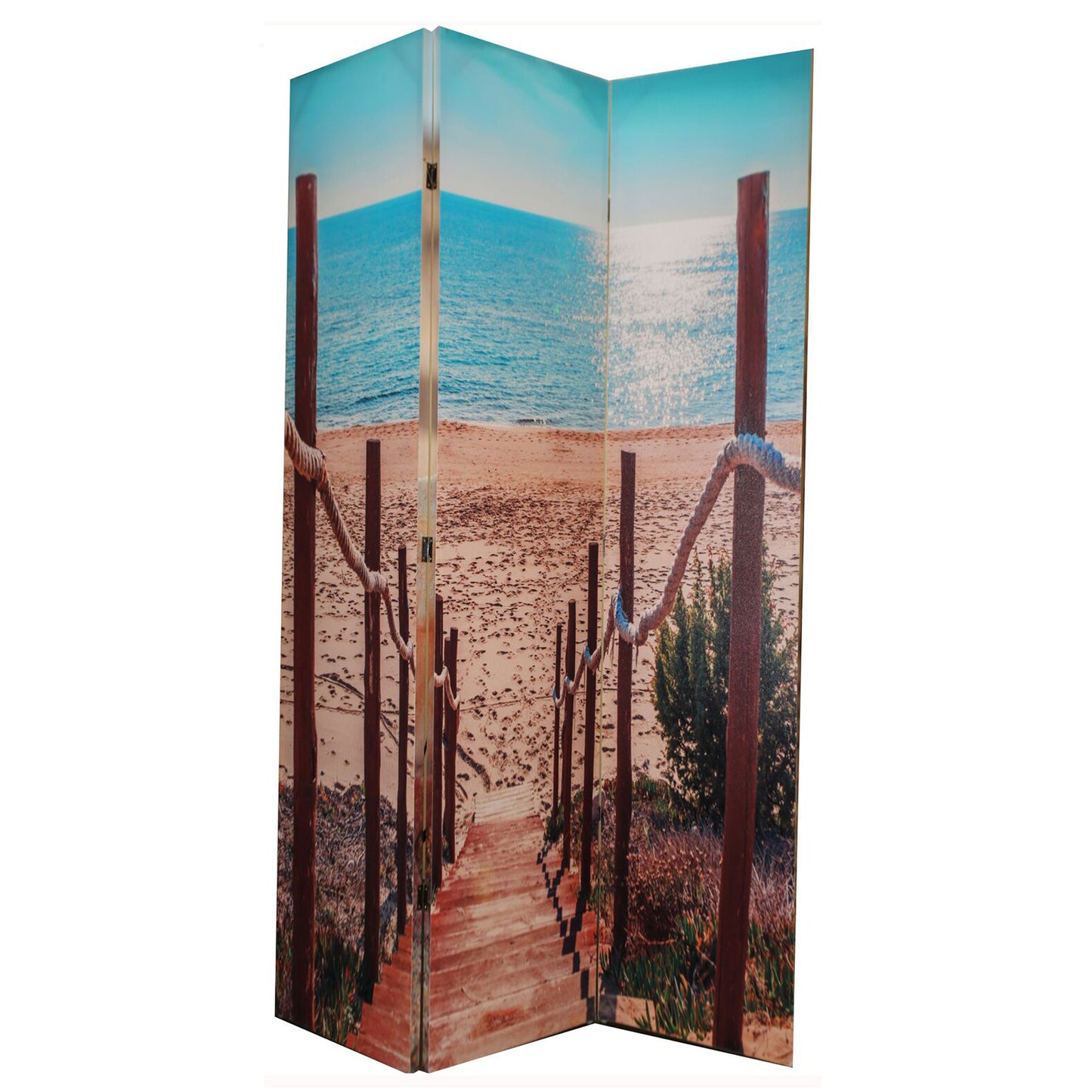 71 Inch 3 Panel Room Divider, Beach Theme, Dual Side Print, Multicolor