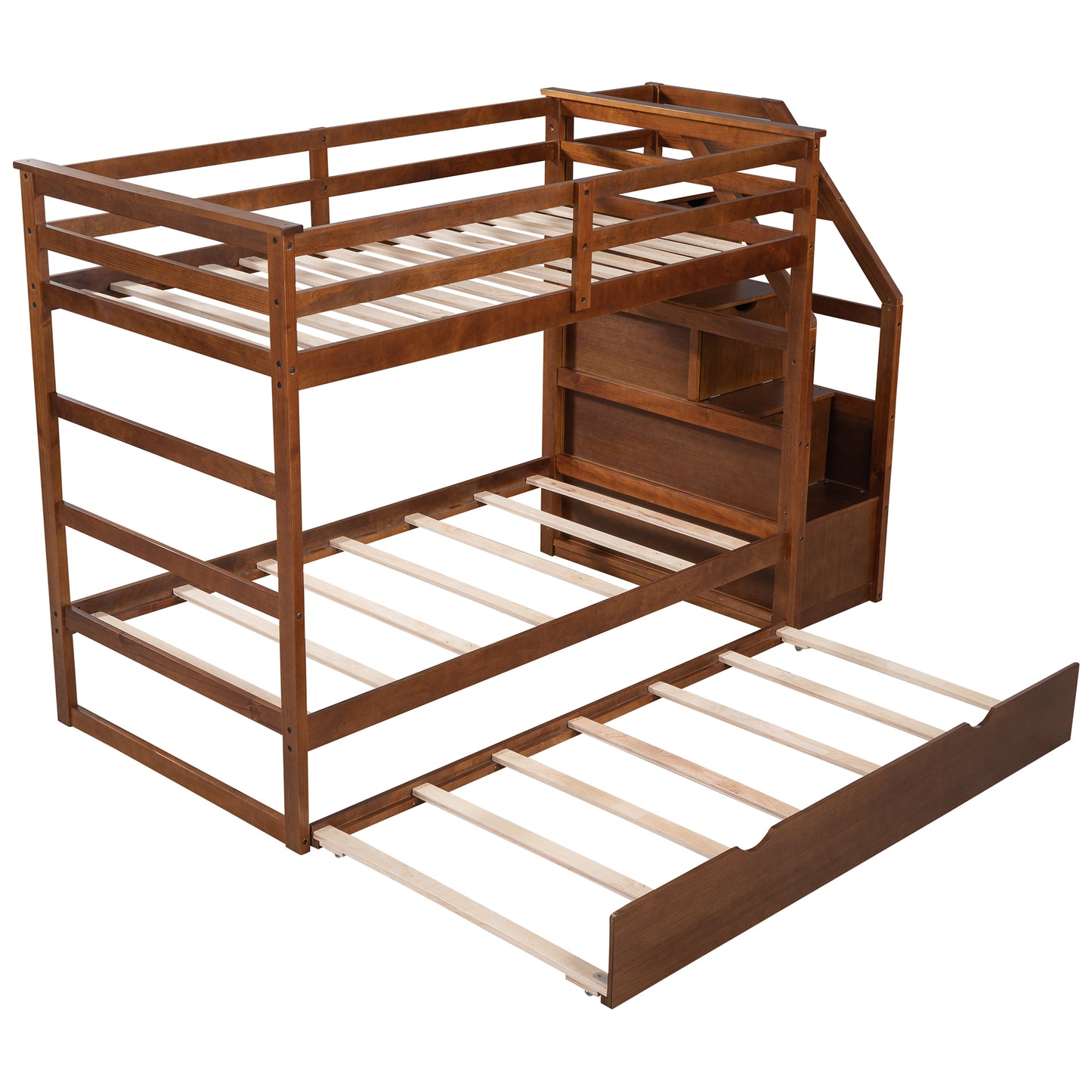 Twin-Over-Twin Bunk Bed with Twin Size Trundle and 3 Storage Stairs,Walnut (OLD SKU :LP000064AAD)