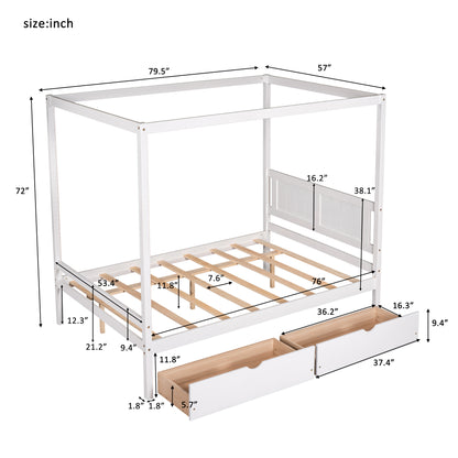 Full Size Canopy Platform Bed with Two Drawers,With Slat Support Leg,White