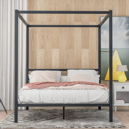 Metal Framed Canopy Platform Bed with Built-in Headboard,No Box Spring Needed, Classic Design, Queen , Black