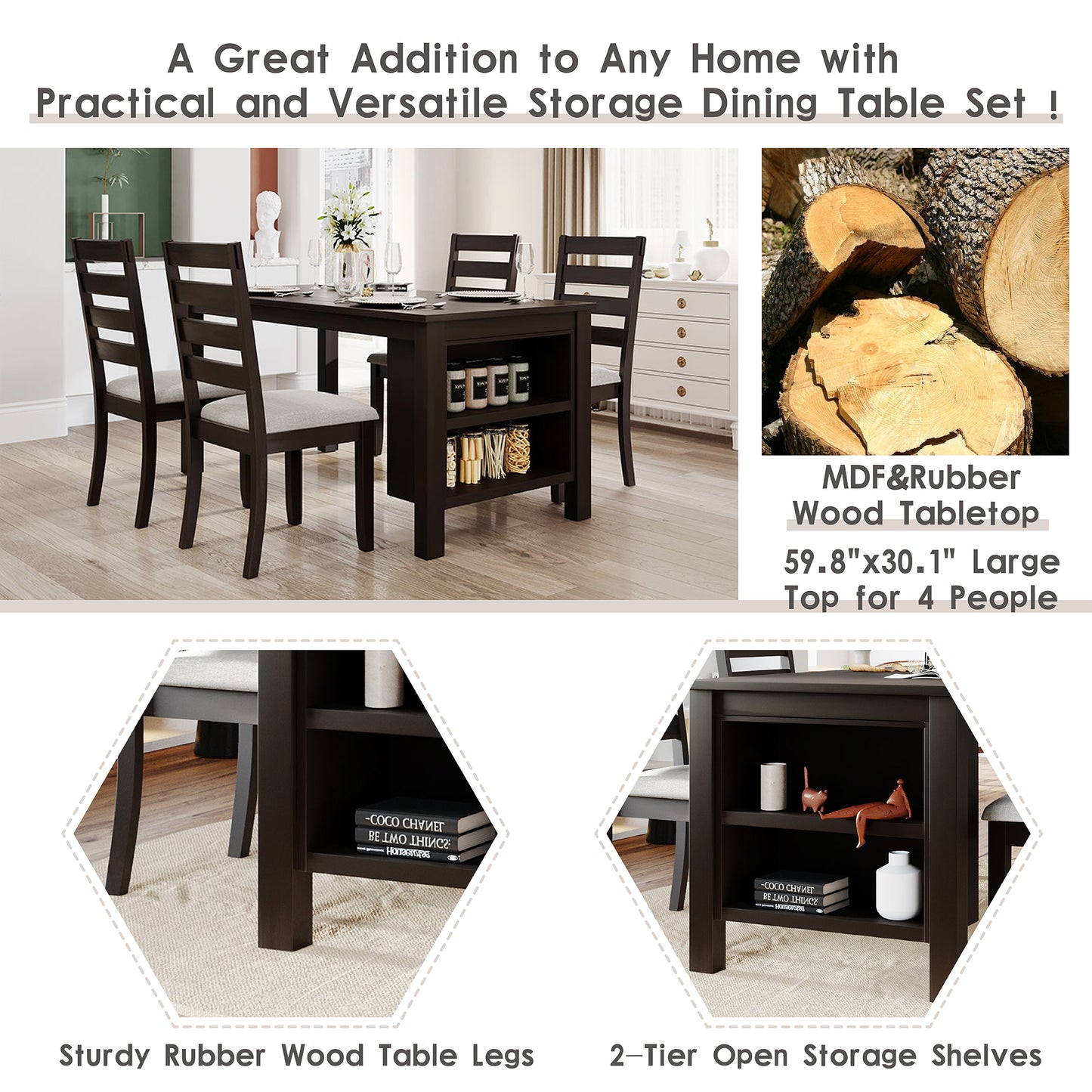 TOPMAX Farmhouse Wood 5-Piece Dining Table Set with 2-Tier Storage Shelves,Kitchen Set for 4 with Padded Dining Chairs, Espresso