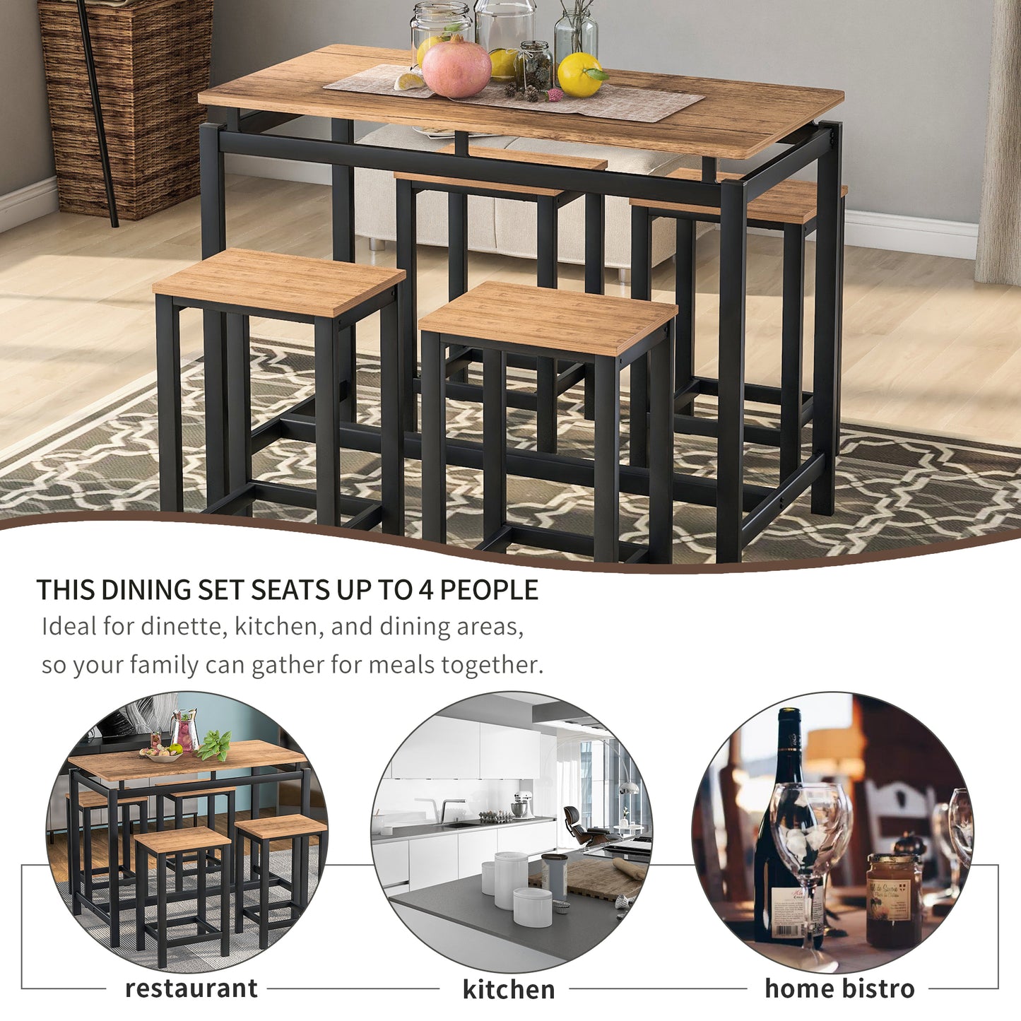 TREXM 5-Piece Kitchen Counter Height Table Set, Industrial Dining Table with 4 Chairs (Brown)