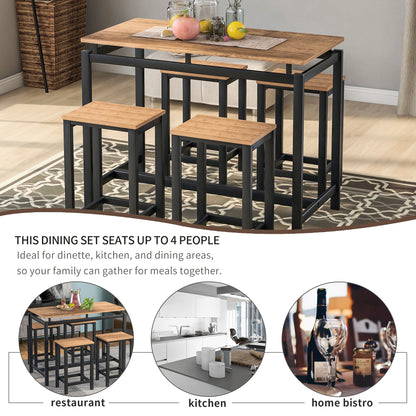 TREXM 5-Piece Kitchen Counter Height Table Set, Industrial Dining Table with 4 Chairs (Brown)