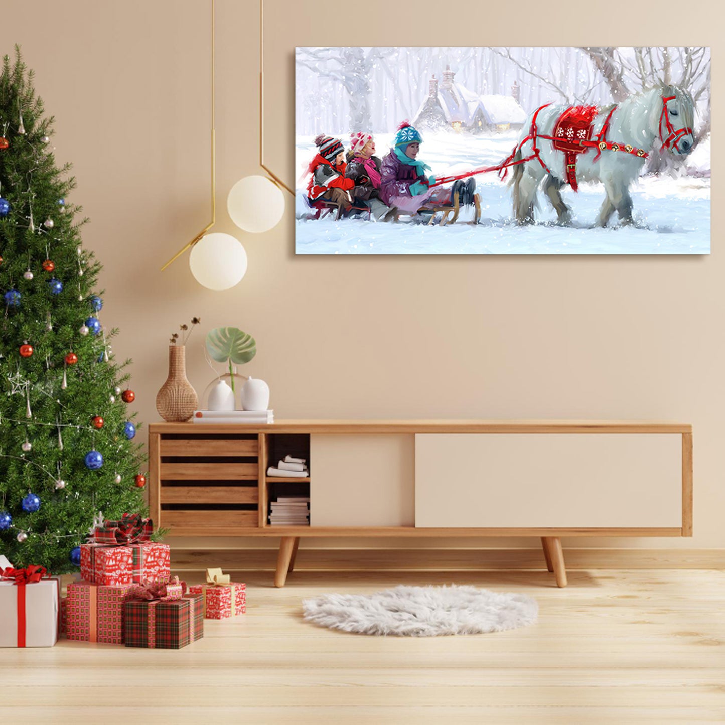 Framed Canvas Wall Art Decor Painting For Chrismas,  Kids on White Horse Sledge Painting For Chrismas Gift, Decoration For Chrismas Eve Office Living Room, Bedroom Decor-Ready To Hang