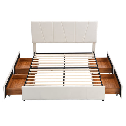 Queen Size Upholstery Platform Bed with Four Drawers on Two Sides,Adjustable Headboard,Beige