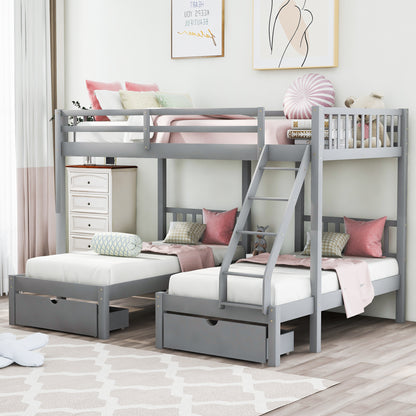 Full Over Twin & Twin Bunk Bed, Wood Triple Bunk Bed with Drawers and Guardrails  (Gray) （OLD SKU:LP000143AAE）