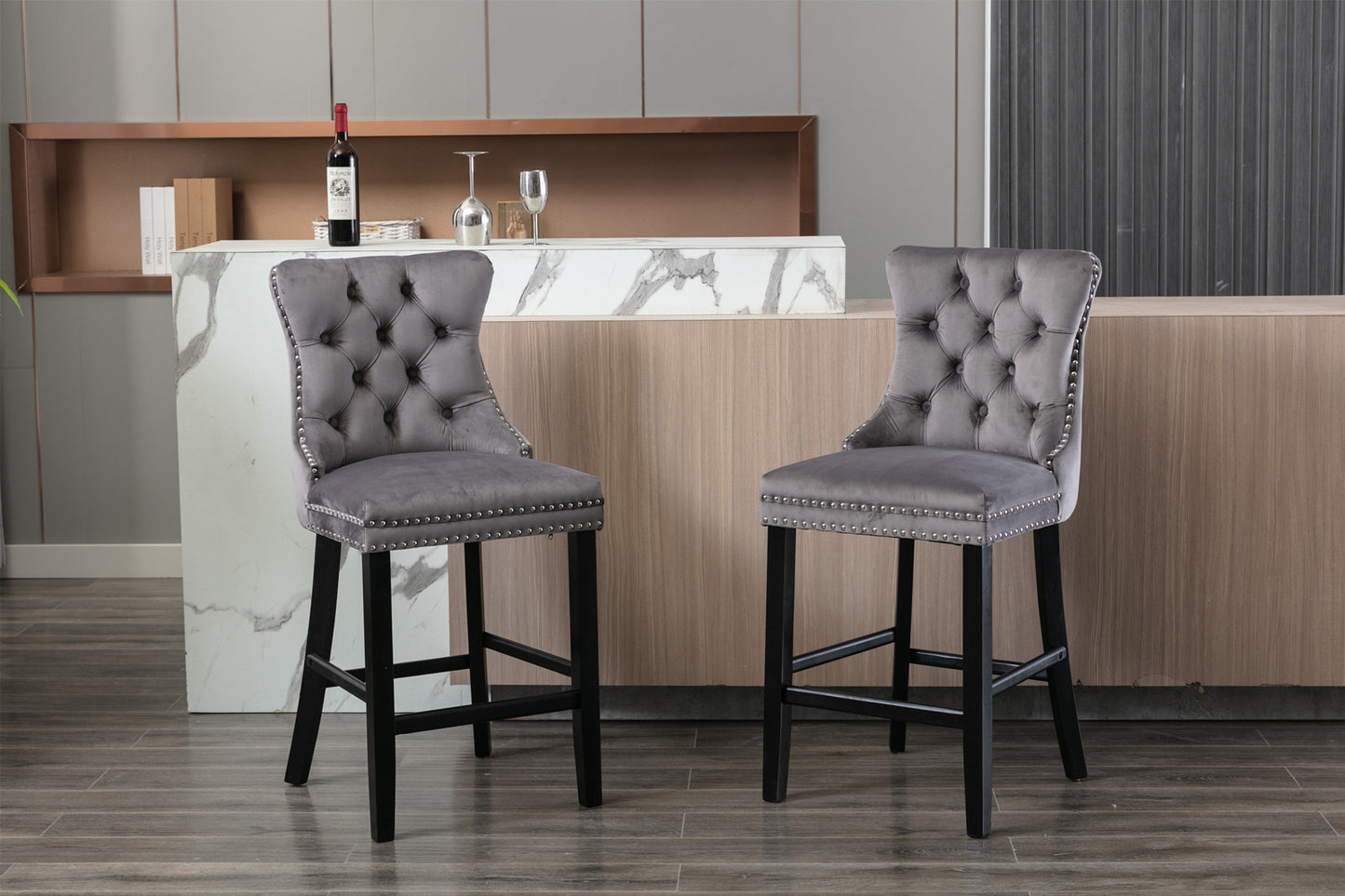 A&A Furniture,Contemporary Velvet Upholstered Barstools with Button Tufted Decoration and Wooden Legs, and Chrome Nailhead Trim, Leisure Style Bar Chairs,Bar stools, Set of 2 (Gray) 1902GY