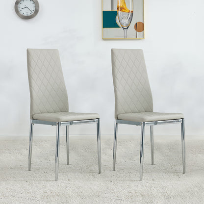 Grid Shaped Armless High Back Dining Chair,2-Piece Set, Office Chair. Applicable to Dining Room, Living Room, Kitchen and Office.Grey Chair and Electroplated Metal Leg