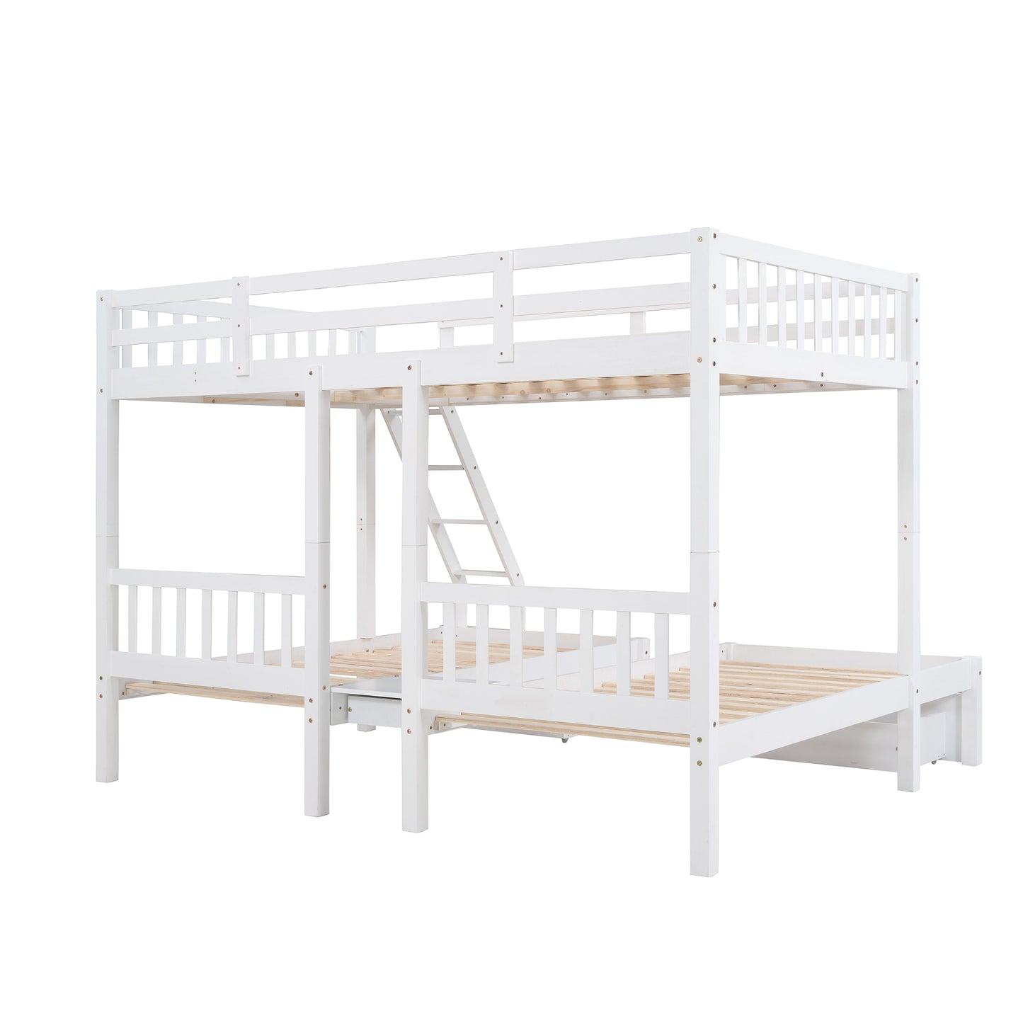 Full Over Twin & Twin Bunk Bed, Wood Triple Bunk Bed with Drawers and Guardrails  (White) （OLD SKU:LP000143AAK）