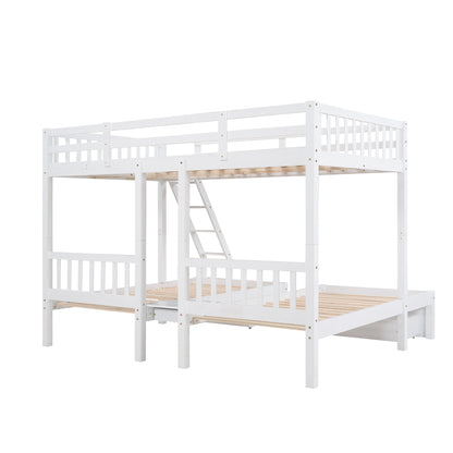 Full Over Twin & Twin Bunk Bed, Wood Triple Bunk Bed with Drawers and Guardrails  (White) （OLD SKU:LP000143AAK）