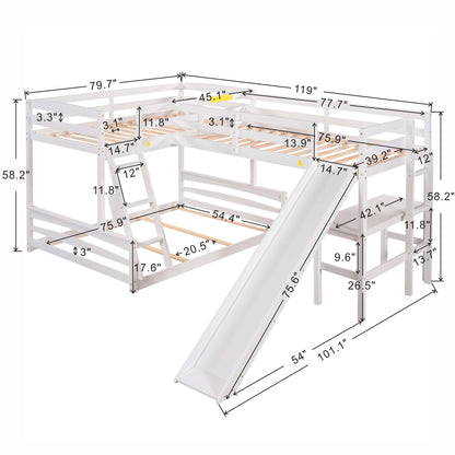 Twin over Full Bunk Bed with Twin Size Loft Bed with Desk and Slide,Full-Length Guardrail, White