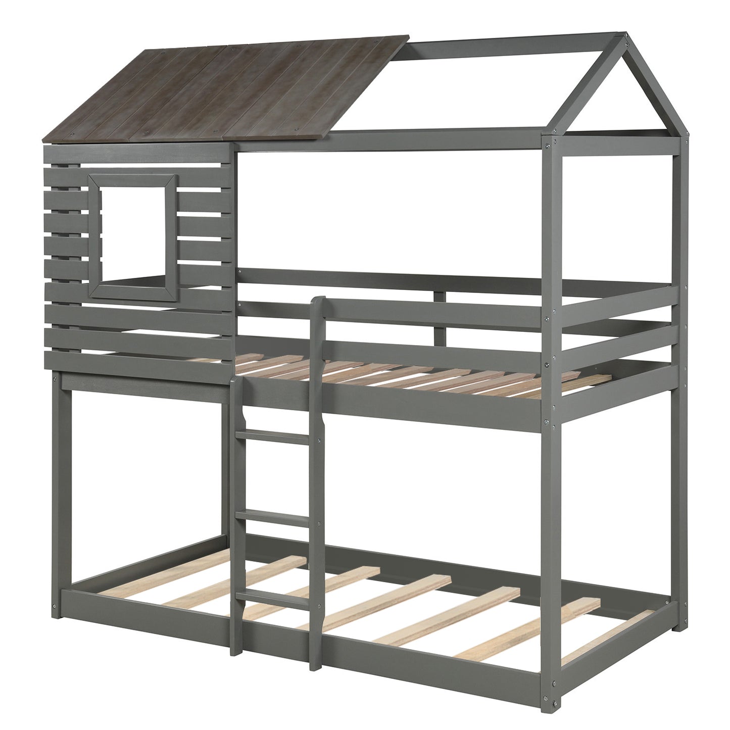 Twin Over Twin Bunk Bed Wood Loft Bed with Roof, Window, Guardrail, Ladder (Gray)(OLD SKU: LP000088AAN)