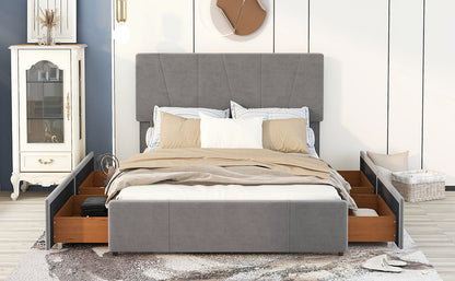 Queen Size Upholstery Platform Bed with Four Drawers on Two Sides,Adjustable Headboard,Grey