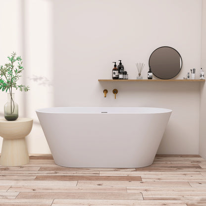 59" Acrylic Freestanding Bathtub, Gracefully Shaped Freestanding Soaking Bathtub with Brushed Nickel Drain & Minimalist Linear Design Overflow White