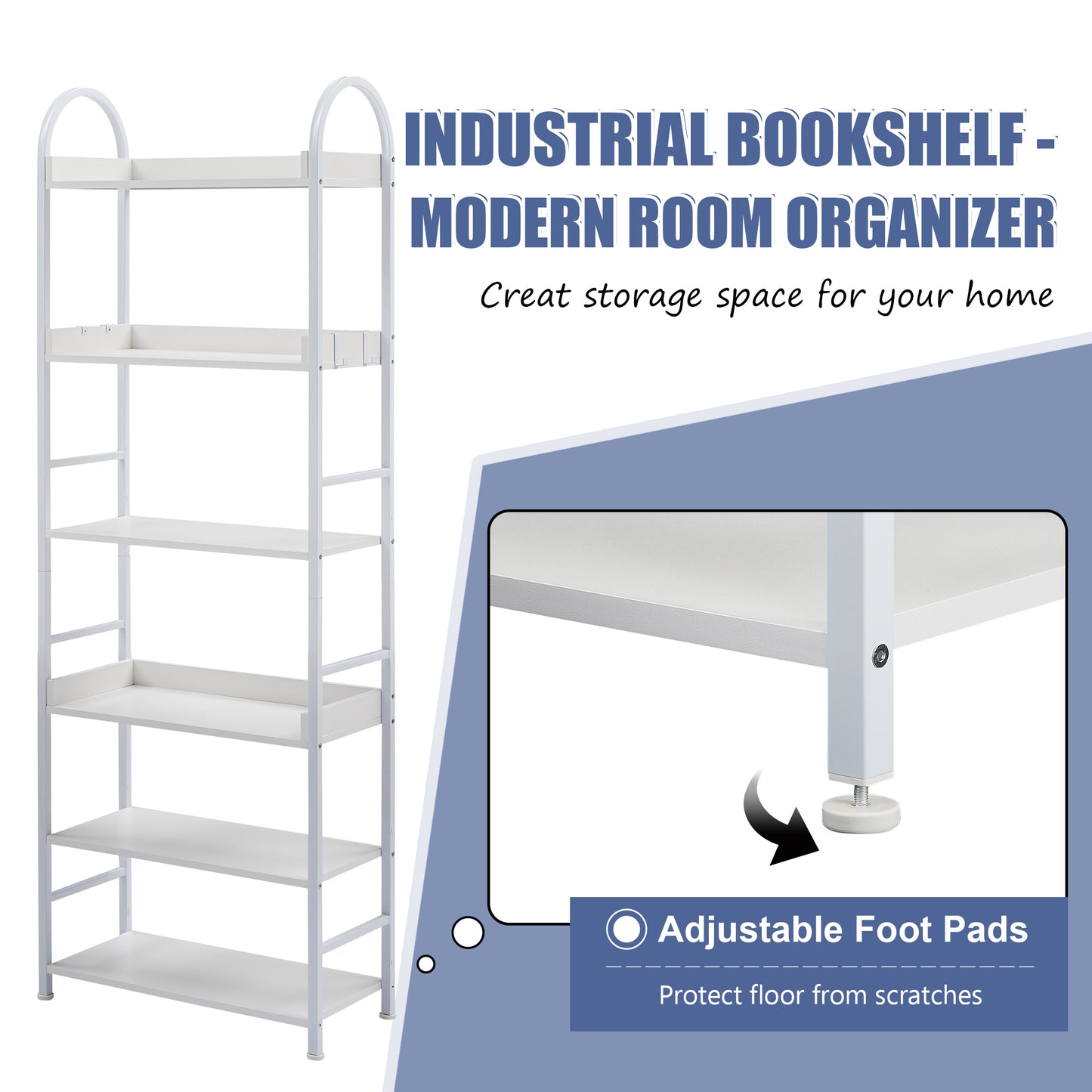 70.8 Inch Tall Bookshelf, 6-tier Shelves with Round Top Frame, MDF Boards, Adjustable Foot Pads, White