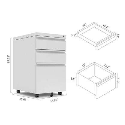 Steel 3 Drawer File Cabinet with Lock, Rolling Locking Filing Cabinet with Wheels, Mobile Metal Steel Office Cabinets Under Desk with Key