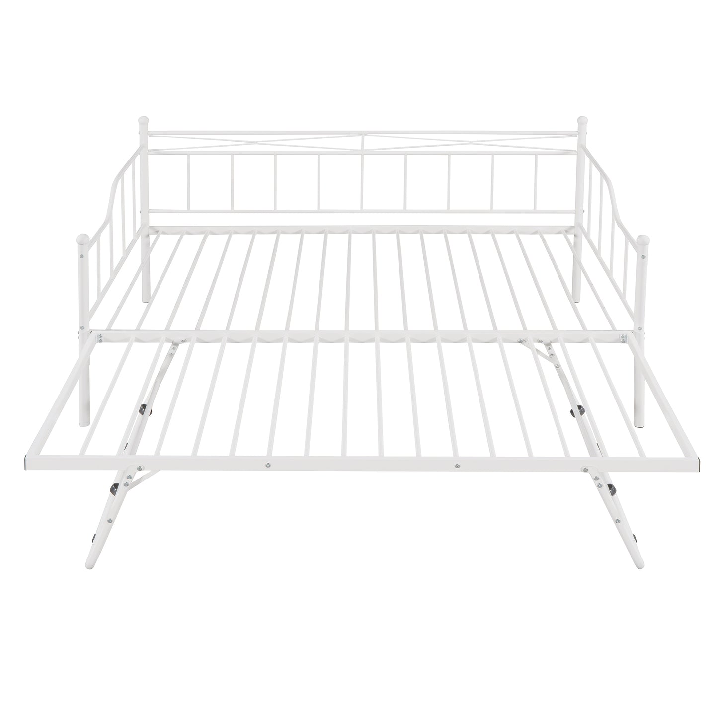 Full Size Metal Daybed with Twin Size Adjustable Trundle, Portable Folding Trundle, White