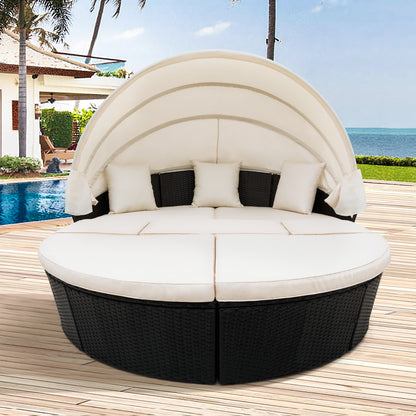 Outdoor rattan daybed sunbed with Retractable Canopy Wicker Furniture, Round Outdoor Sectional Sofa Set, black Wicker Furniture Clamshell  Seating with Washable Cushions, Backyard, Porch, Beige.